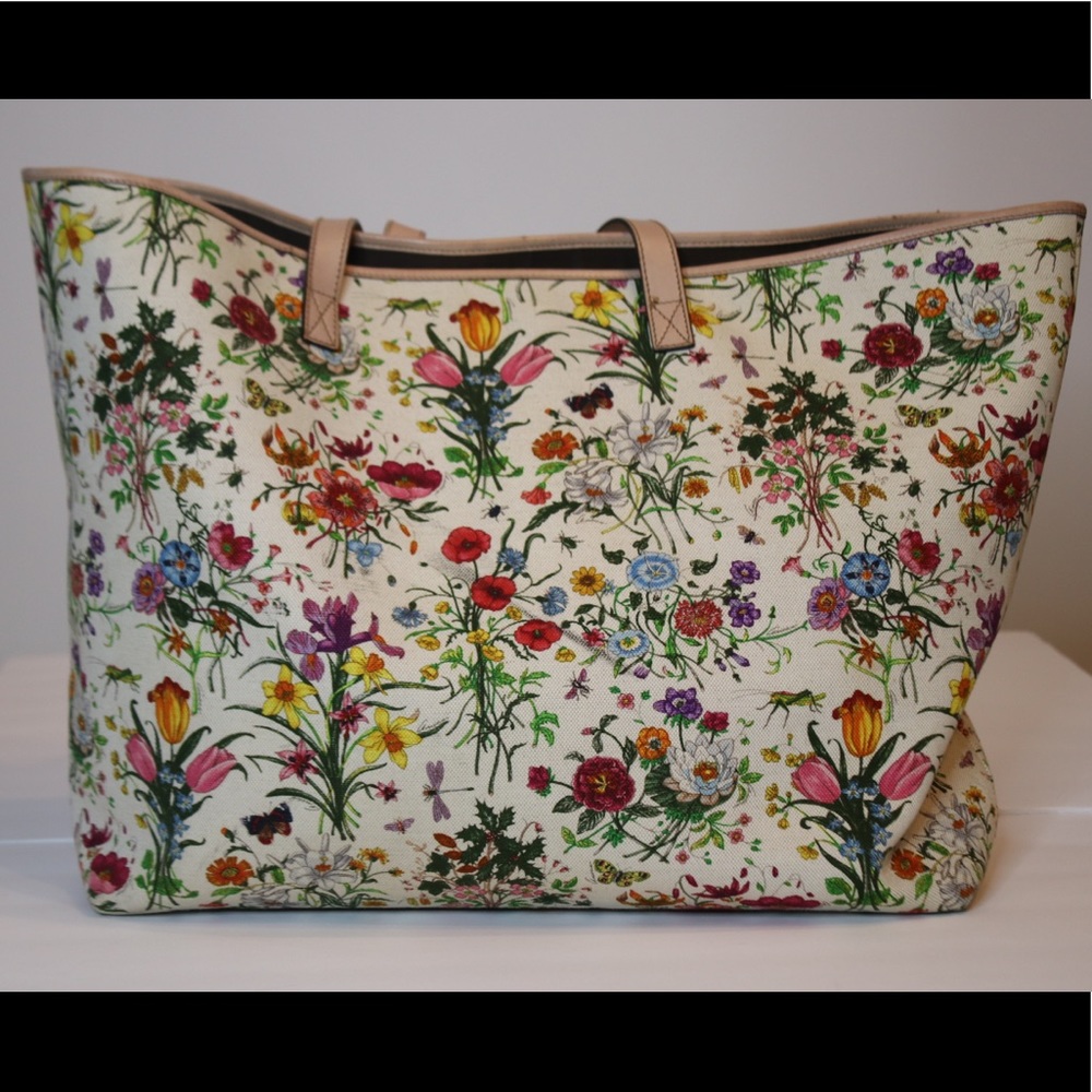 Large Gucci Floral canvas tote blush pink leather